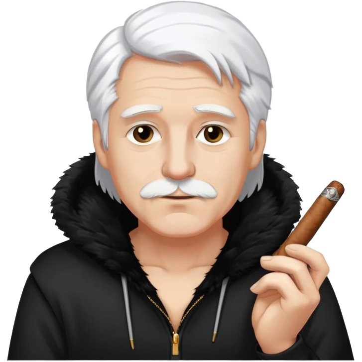 guy with white hair, black fur hoddie and a ciggarrete emoji