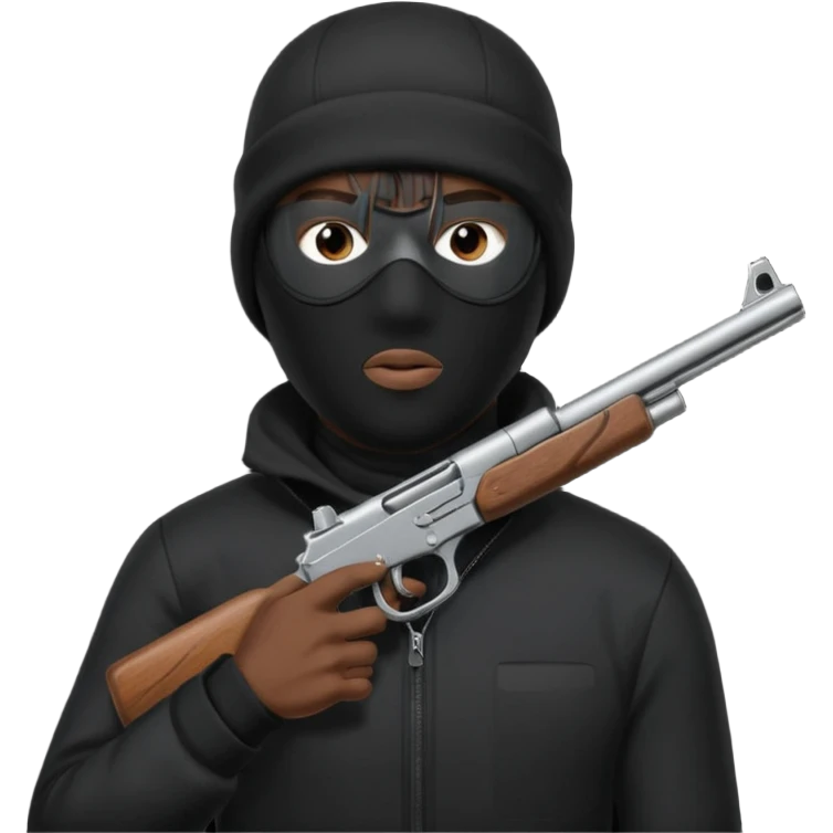black guy thug with ski mask and gun wearing black shirt emoji