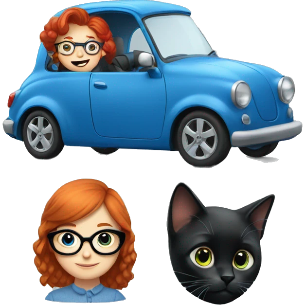 Redhead girl with glasses driving blue car  two black cats  emoji