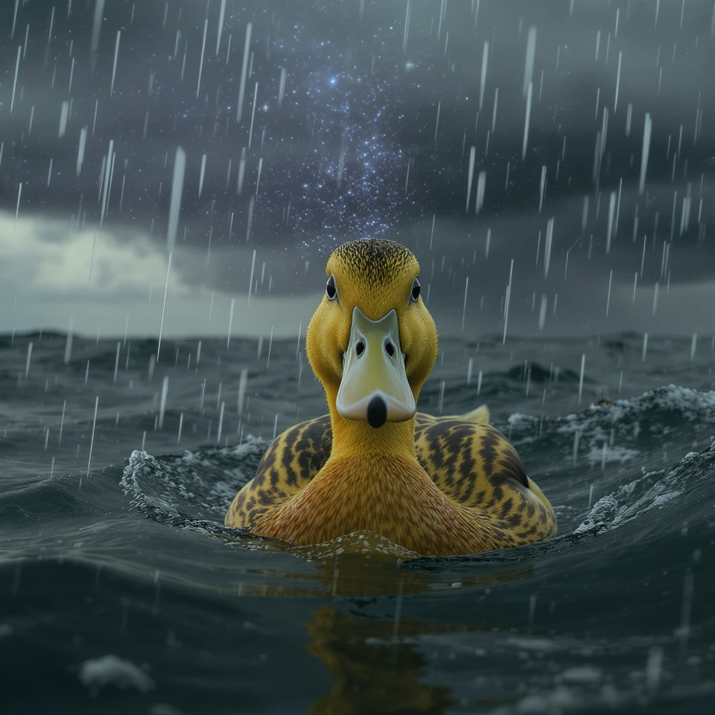 Cinematic still, Closeup shot of Yellow duck on ocean during storm, inspired by interstellar  emoji