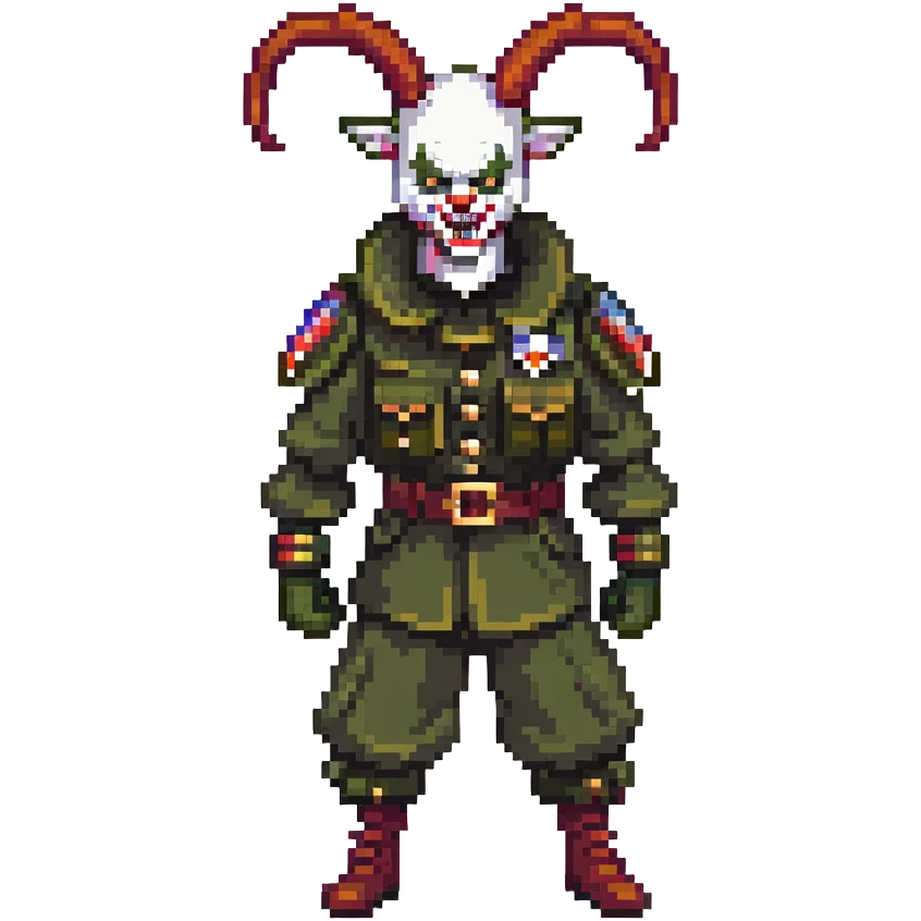 evil clown soldier, bald, short goat horns on forehead, fangs, pointed ears, black and military green clothes, fighting stance emoji