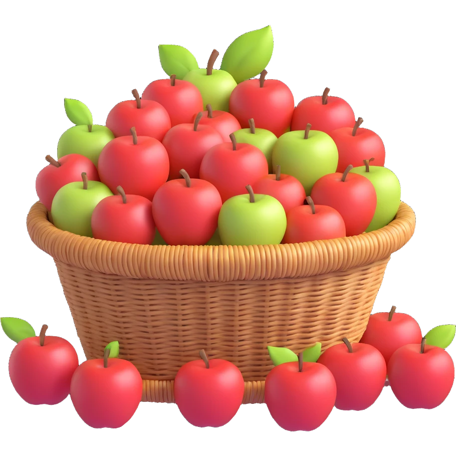 3D round light brown wicker basket overflowing with apples, no text emoji