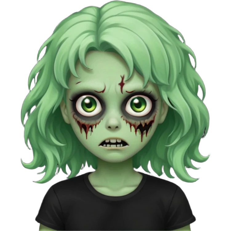 crie um emoji de uma garota zoombie verde assustadora e fofa com cabelo ondulado 2b e camiseta básica preta emoji