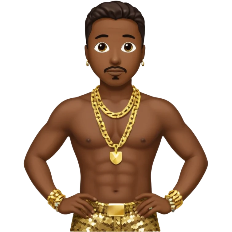 MC Hammer with dark brown hair, gold sequin baggy pants, shirtless with necklace emoji