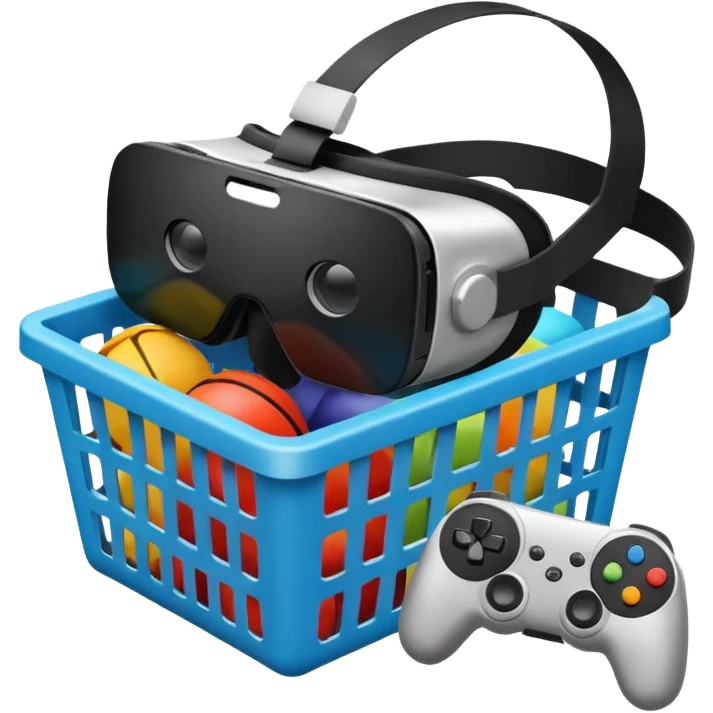 shopping basket with VR headset, tablet, game controller inside emoji
