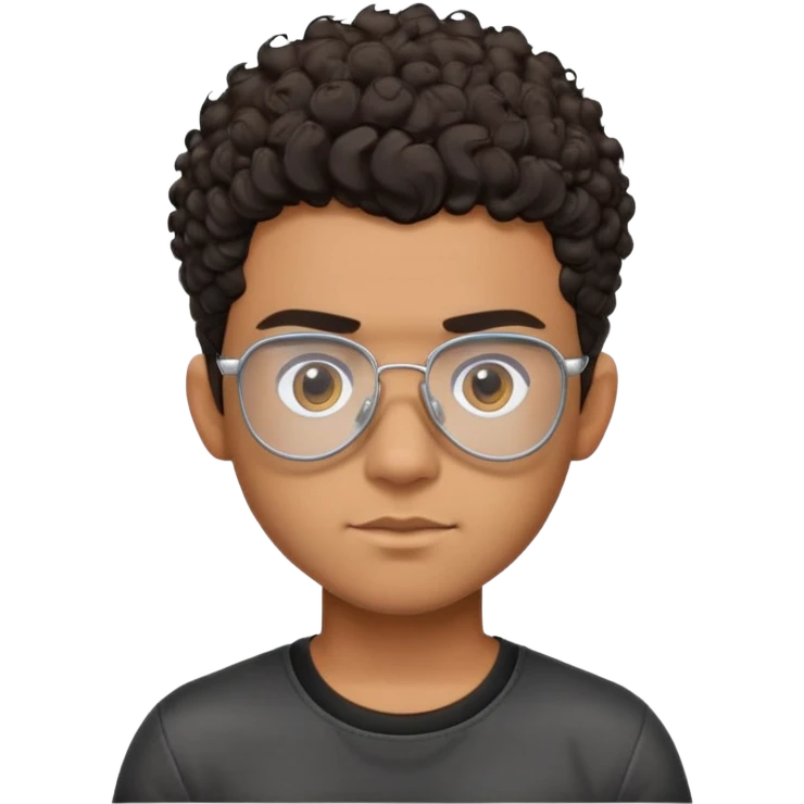 Young Latino with big forehead, metal-framed aviator glasses, very short curly dark hair on top with shaved sides, neutral expression, brown skin, black t-shirt emoji
