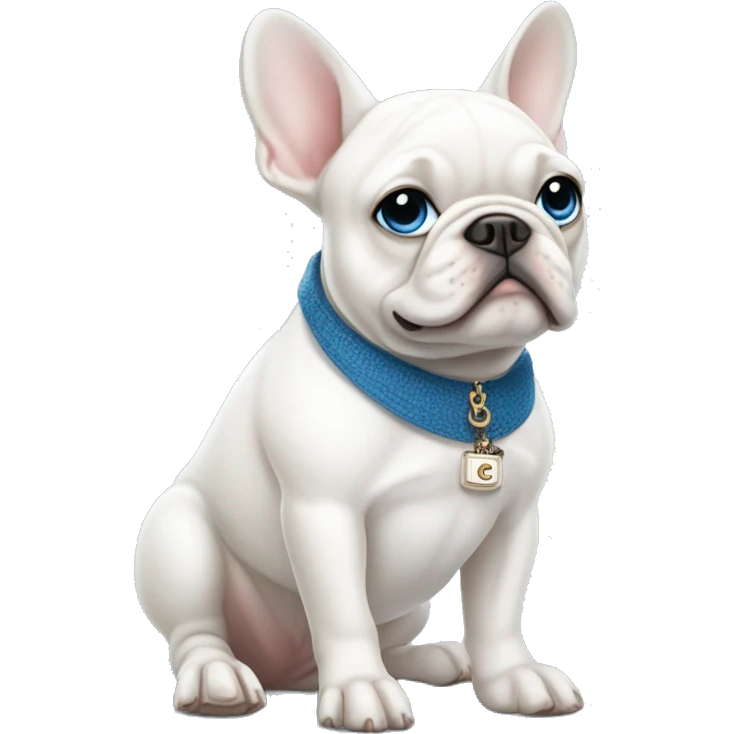 White French bulldog with blue eyes holding a Chanel purse emoji
