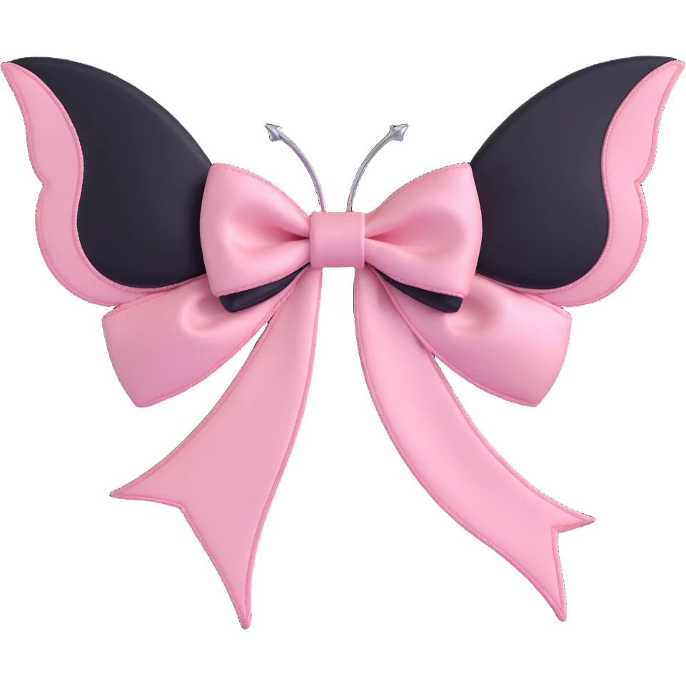 3D emoji style pink bow with gothic effect, blush pink satin, black rose embroidery, and silver bat wing charm emoji