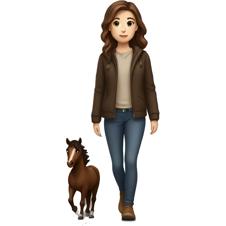 Brown haired girl walking with a Little dark brown Horse by her side emoji