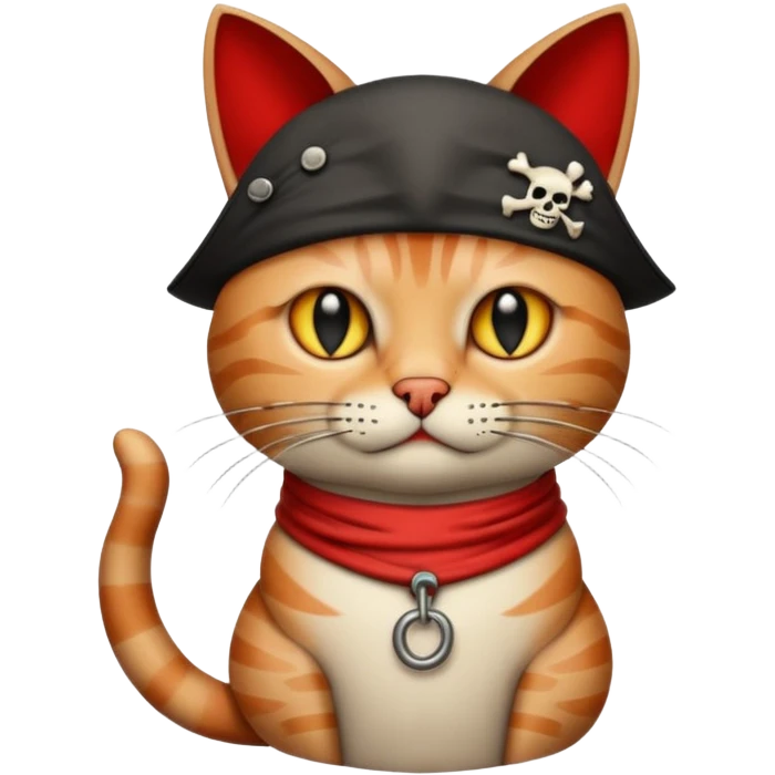 Vintage 1930s cartoon style emoji, cat, pirate aesthetic, thick black outlines, rubber hose animation style, monochrome with red accents, grainy paper texture, white background --v 6.0 emoji