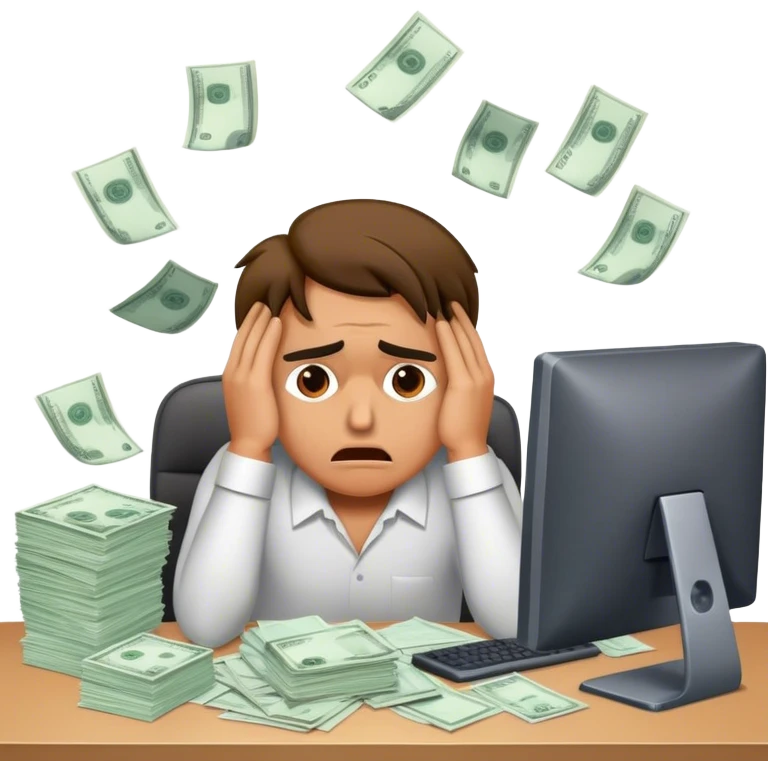 Create an emoji of a tired, overworked marketer sitting at a computer, stressed out, surrounded by invoices and bills. The character looks frustrated and exhausted, representing someone living paycheck to paycheck emoji