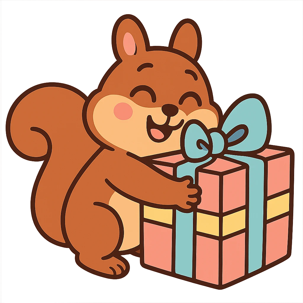 squirrel hugging a big gift box with bow, pastel-toon style emoji