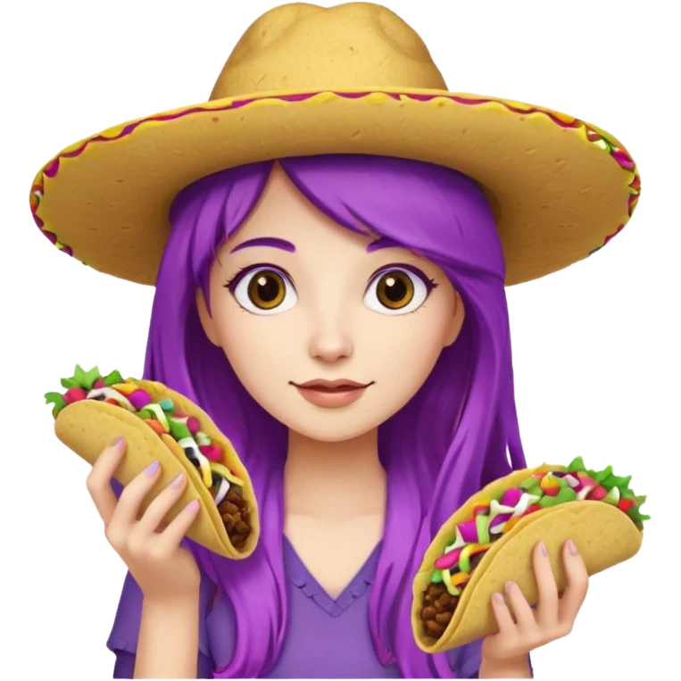 woman holding taco with purple long hair and hat on head  emoji