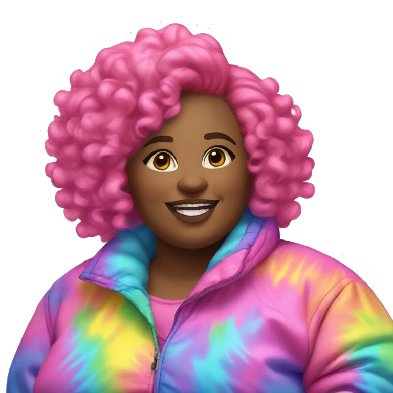 Plus size black woman with pink curly pixie cut hair and a rainbow tie dye bubble jacket  emoji