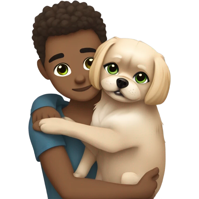 lightskin blonde girl with green eyes and lightskin boyfriend with blue eyes brown hair and their dog brown black white pekingese are hugging (light aesthetic colors) emoji