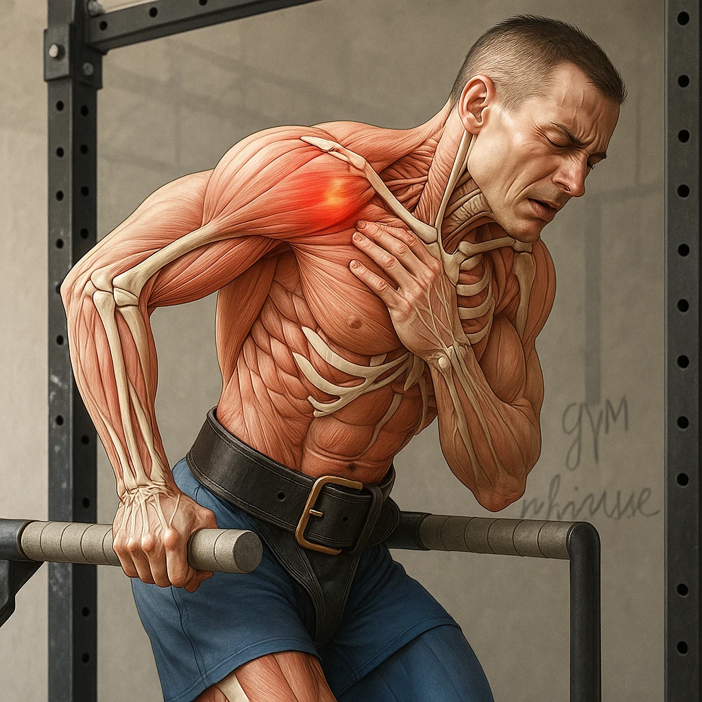Hyperrealistic 4K anatomical illustration of a man performing a dip on parallel bars in a lateral position as in the reference image. Expression of discomfort, hand approaching the painful shoulder. Muscles and bones highlighted, painful area marked in red, gym atmosphere. Variant 3. emoji