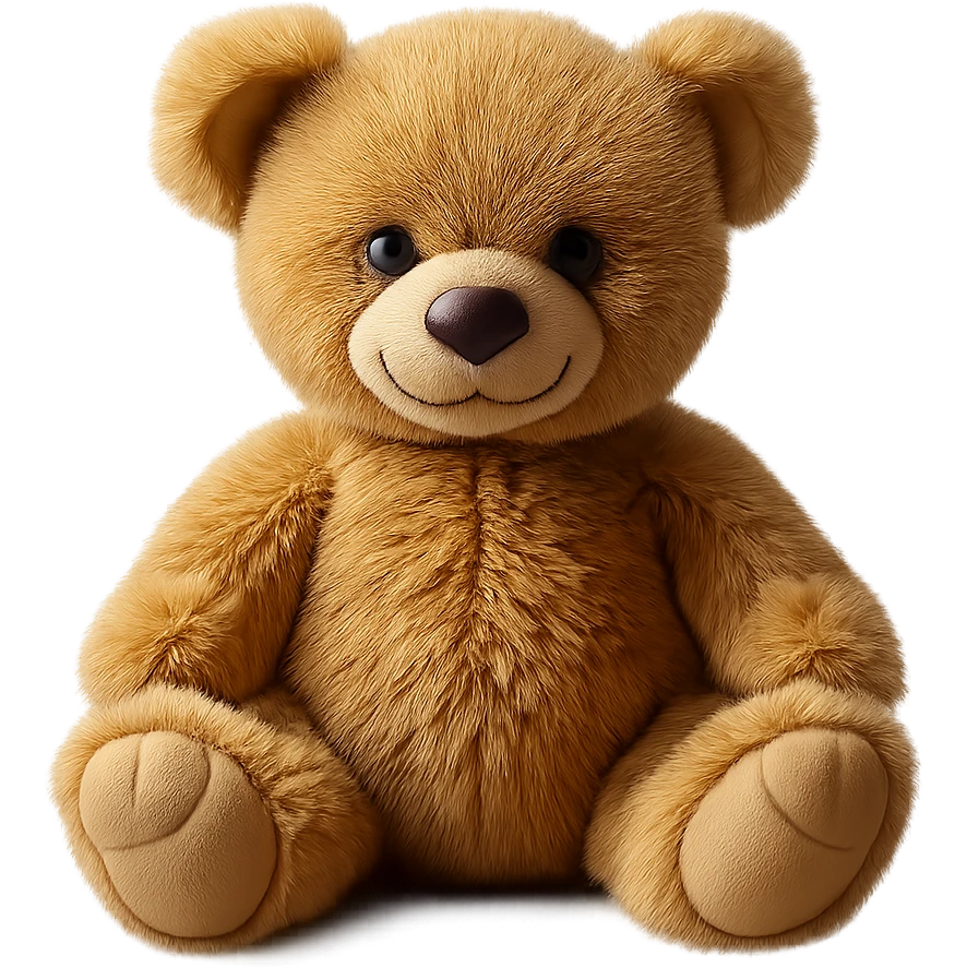 Isolate the realistic teddy bear in sitting pose with soft lighting on a transparent background, removing all other background elements. emoji