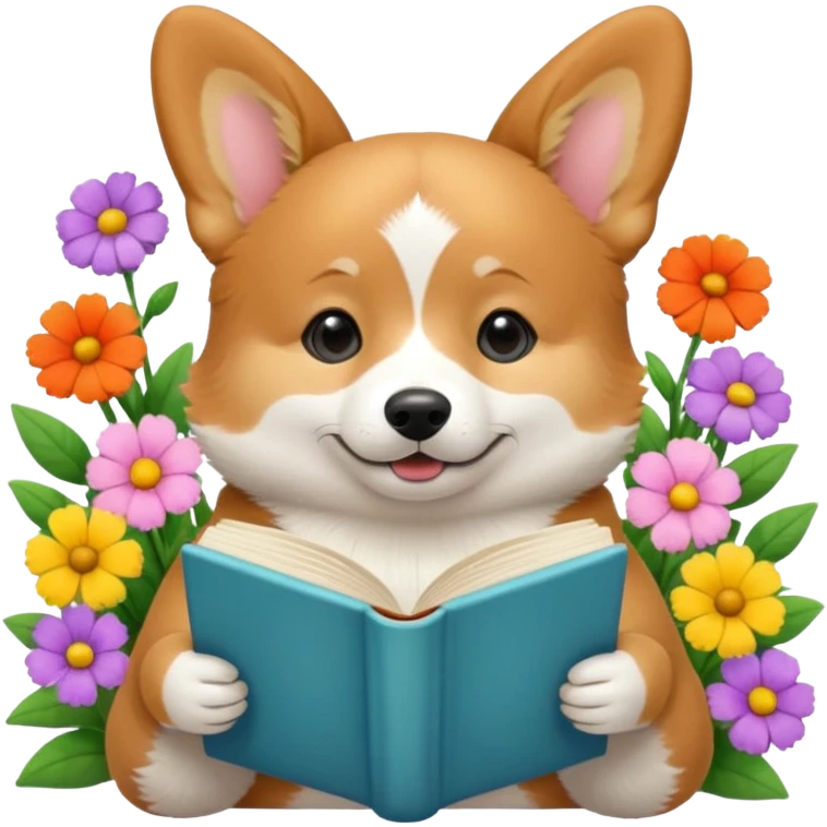 Corgie reading books + flowers  emoji
