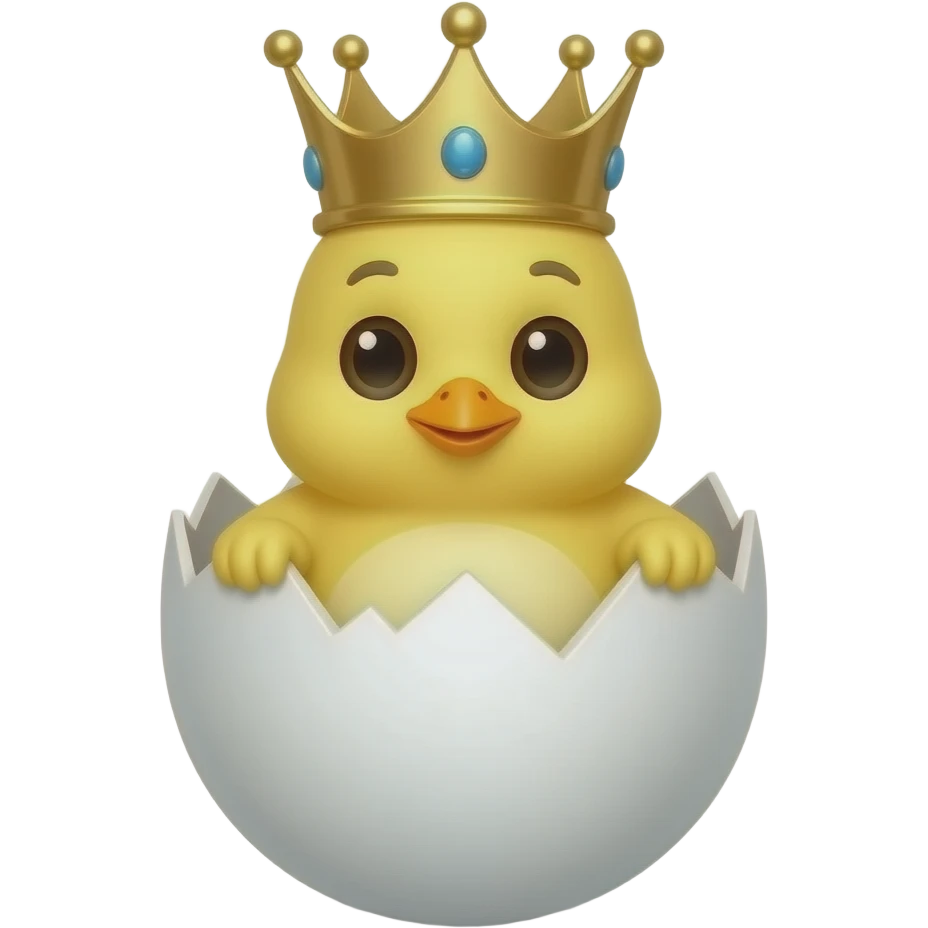 Hatched chick emoji coming out of a cartoon, white egg on the bottom. Is wearing a queen's crown emoji