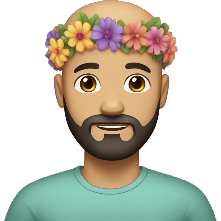 bald man with black beard and brown eyes and light skin with a colorful flowercrown on his head emoji