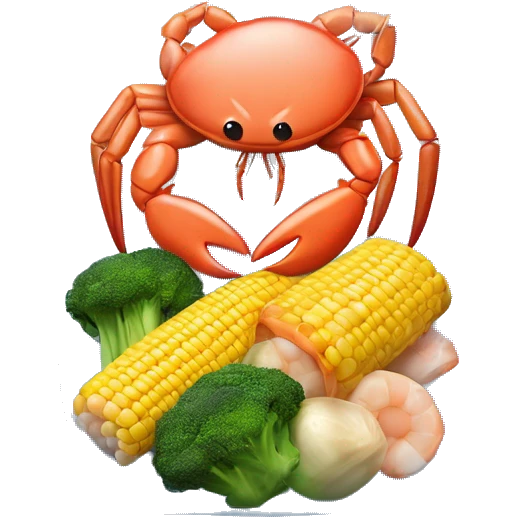 3D emoji-style illustration of a seafood boil wrapped in a clear plastic bag, featuring crab legs, corn on the cob, broccoli, potato, and shrimp. emoji