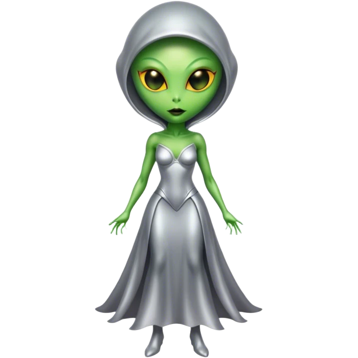 Green Alien woman in silver dress, full figure, yellow eyes emoji