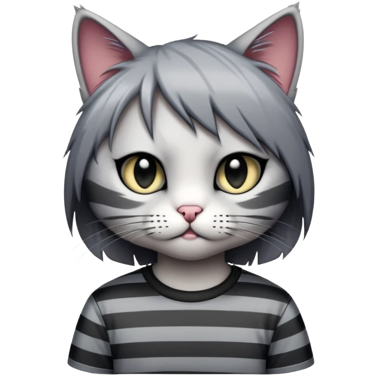 emo kitty with side-swept bangs, striped shirt, moody pose emoji