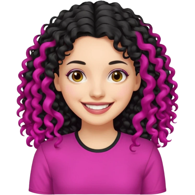 mujer blanca con cabello largo rizado negro sonriendo y con camisa fucsia emoji