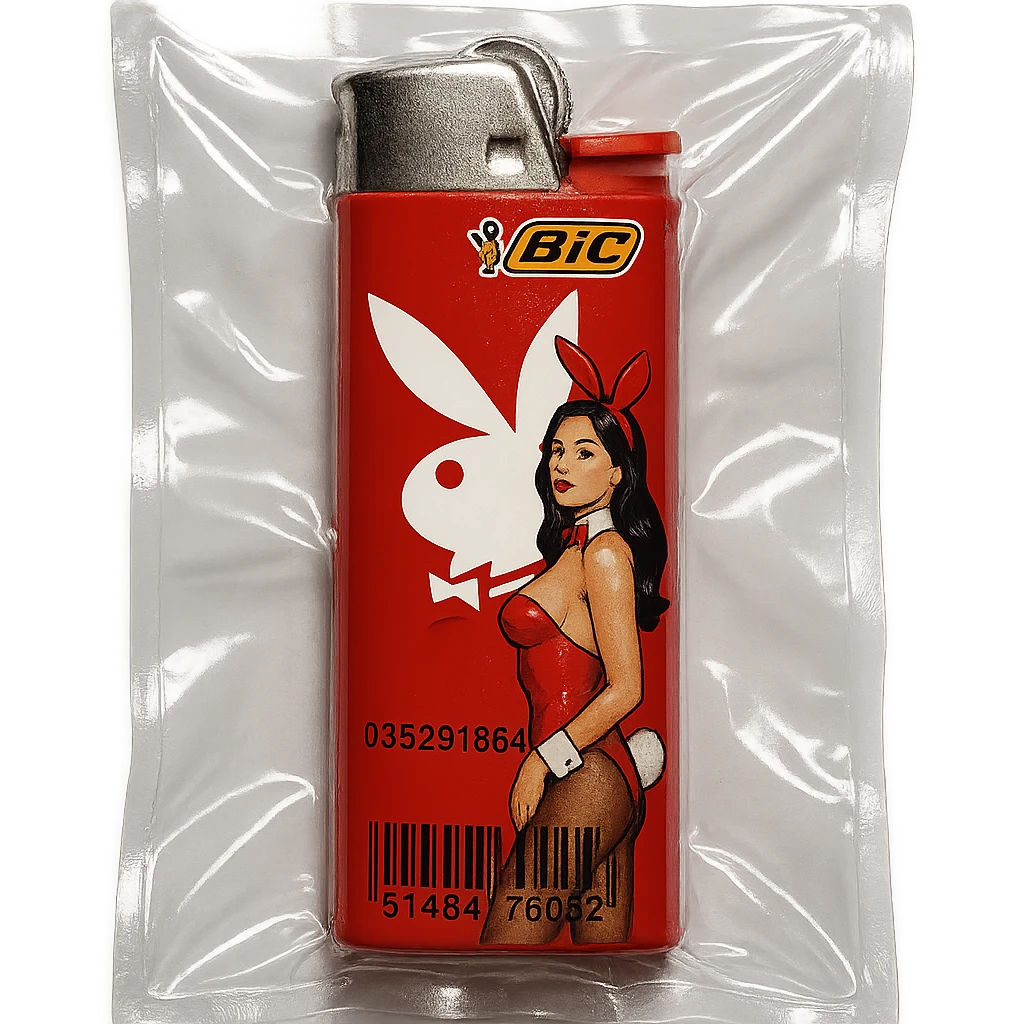BIC lighter, glossy and puffy, with a white Playboy Bunny logo and a model in a red bunny suit emoji