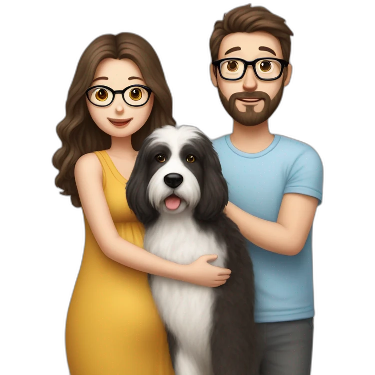 Hyperrealist pregnant girl with half long brown hair with glasses, a boy with long beard, glasses and short hair and english sheepdog emoji