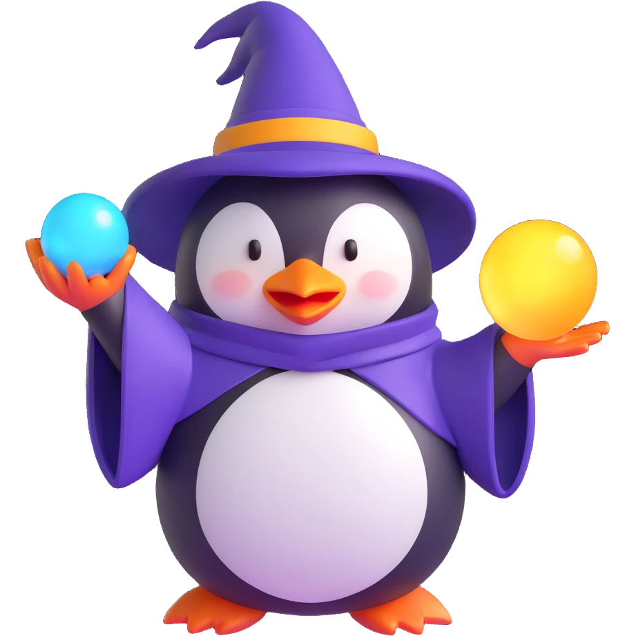 penguin wizard holding a glowing orb, 3D emoji style emoji