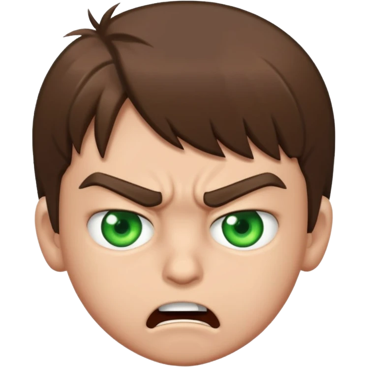 Boy 10 years old, with overgrown brown hair with green eyes, angry, shows fuck emoji