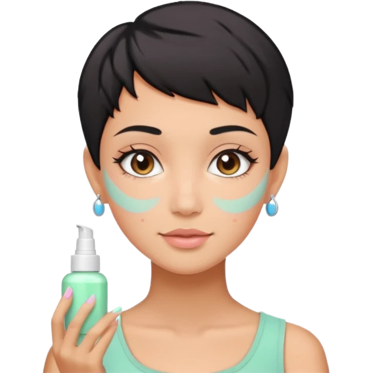 tan girl with black hair & a pixie cut no earrings doing cute pastel colors skin care emoji