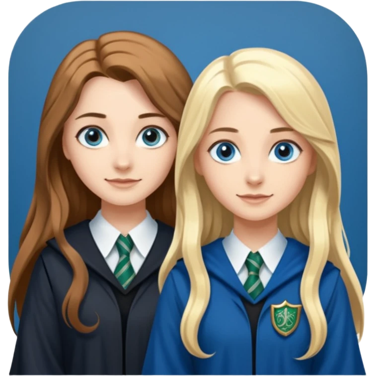 a pretty ravenclaw girl with long brown hair and blue eyes standing with a hot Slytherin girl with long blonde hair, blue eyes and big boobs  emoji