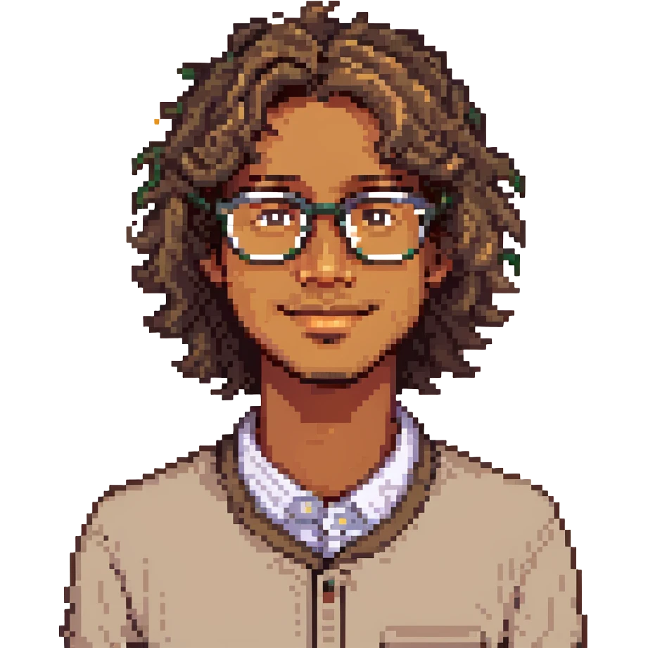 Create a pixel art portrait of a man with wavy hair, glasses, light brown skin, and a small mole on his left cheek. Capture his friendly expression in pixel art style. emoji