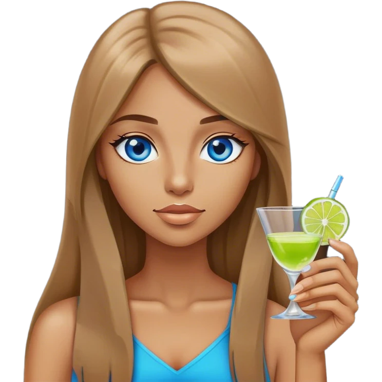 tan woman, long light brown straight hair, blue eyes, holding a shot with lime emoji