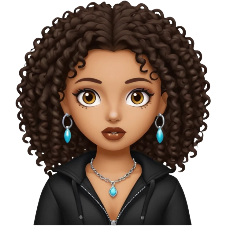 pretty bratz baddie, dark brown curly head, tan skin, nose piercing emoji