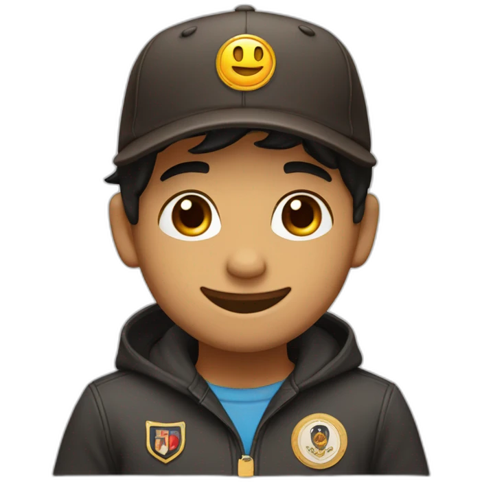 Create a brown boy with black hair winking with dark brown eyes and happy with a black hat and the cap has a logo with a medal emoji