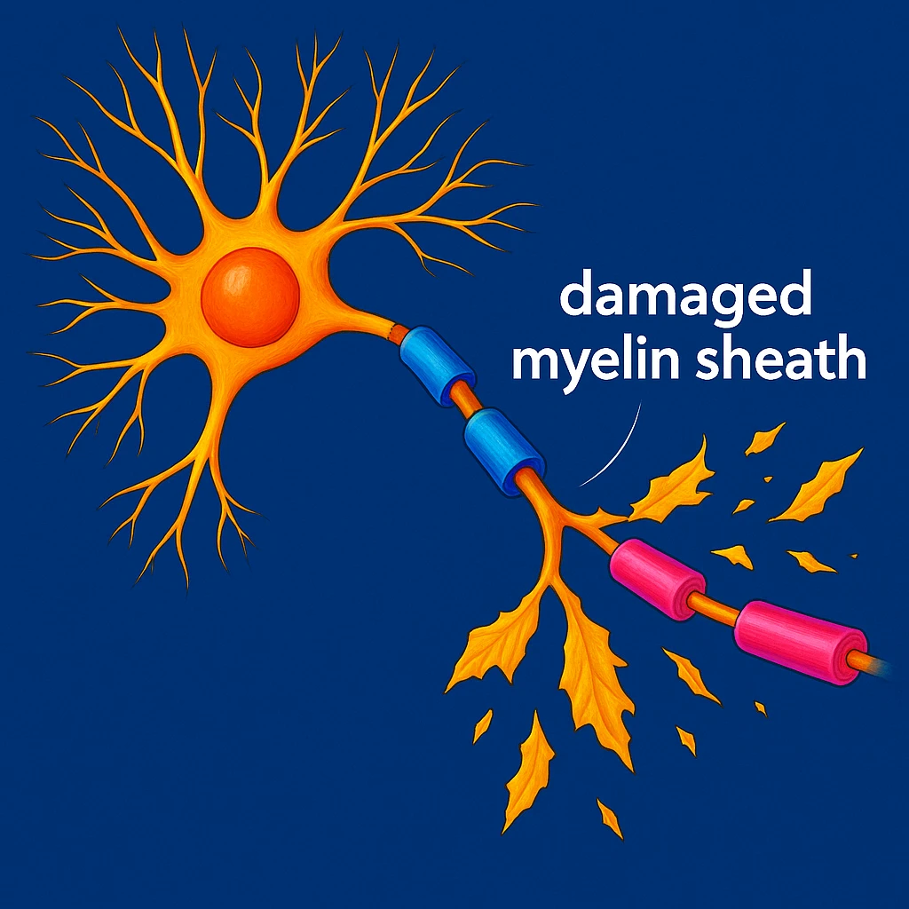 Make the neuron and myelin sheath illustration more colorful with vibrant medical colors, enhancing the vibrancy and clarity of the medical illustration. emoji