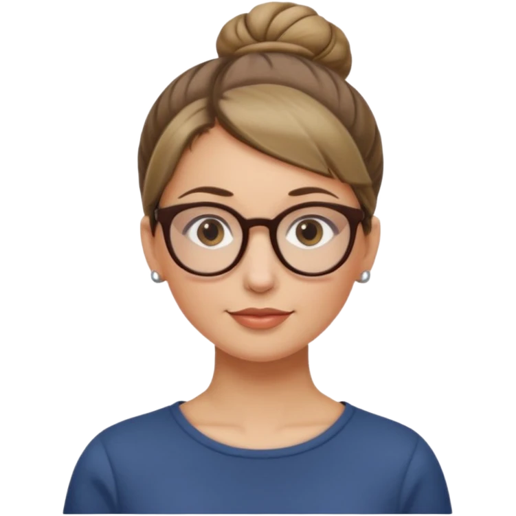 femme de 38 ans avec des cheveux blond foncé sans mèche devant, un chignon haut, yeux bruns, lunettes rondes emoji