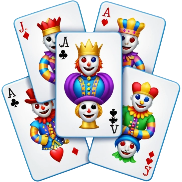 bunch of poker cards, with crazy colorful jolly jokers inside emoji