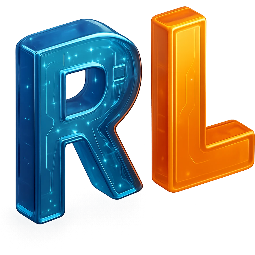 Add a tech-inspired icon such as a circuit, microchip, or digital element to the modern 'RL' logo. Keep the design minimalistic and professional with clean lines and a subtle metallic or gradient finish. Maintain the transparent background. emoji