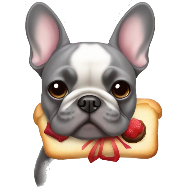 Grey French bulldog that’s wearing a bow and has French pastries  emoji