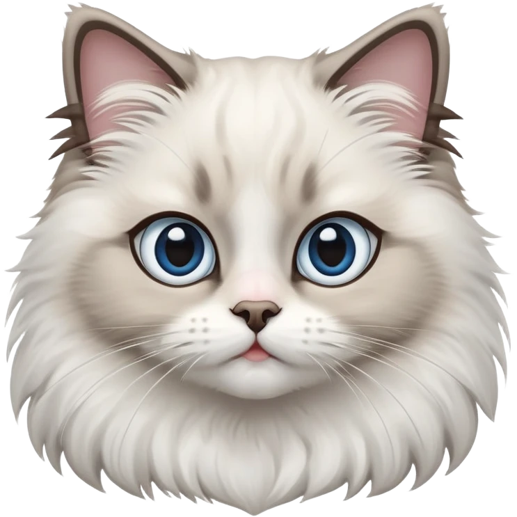 cinematic-adorable-big-eyed-fluffy-ragdoll-cat-portrait-emoji,-head-tilted-playfully-with-a-sweet-expression,-fluffy-white and grey-fur,-simplified-yet-irresistibly-cute-features-with-large,-expression, Large blue eyes emoji