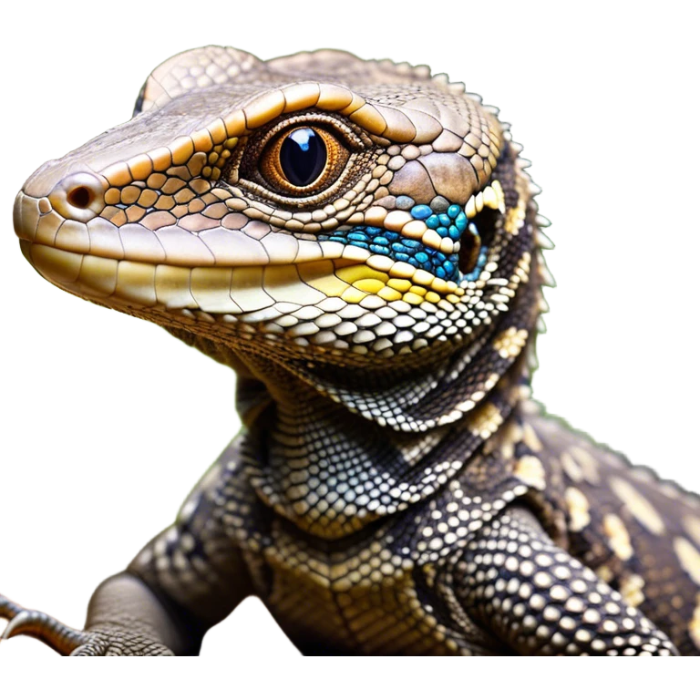Cinematic Cute brown camo spotted monitor Lizard Portrait Emoji, Head tilted playfully and inquisitively, with a sleek, patterned body accented by vibrant hues and round, sparkling eyes full of wonder, Simplified yet irresistibly adorable features, highly detailed, glowing with a warm, friendly glow, high shine, affectionate and lively, stylized with a touch of exotic charm, bright and endearing, soft glowing outline, capturing the essence of a mischievous yet captivating lizard that seems as if it could scuttle out of the screen into your arms! emoji