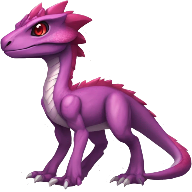 Chibi-Anthro Mauve-maroon-red-colored edgy anthro-genesect-velociraptor-scalie-sona-Fakémon-hybrid with a purple-pink mane on head and back and horns full body emoji
