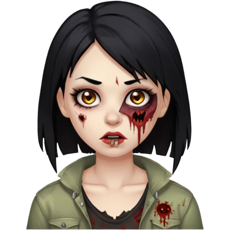 Make an emoji of a zombie woman with black hair, almond-shaped brown eyes and a labret piercing on her left lip. emoji