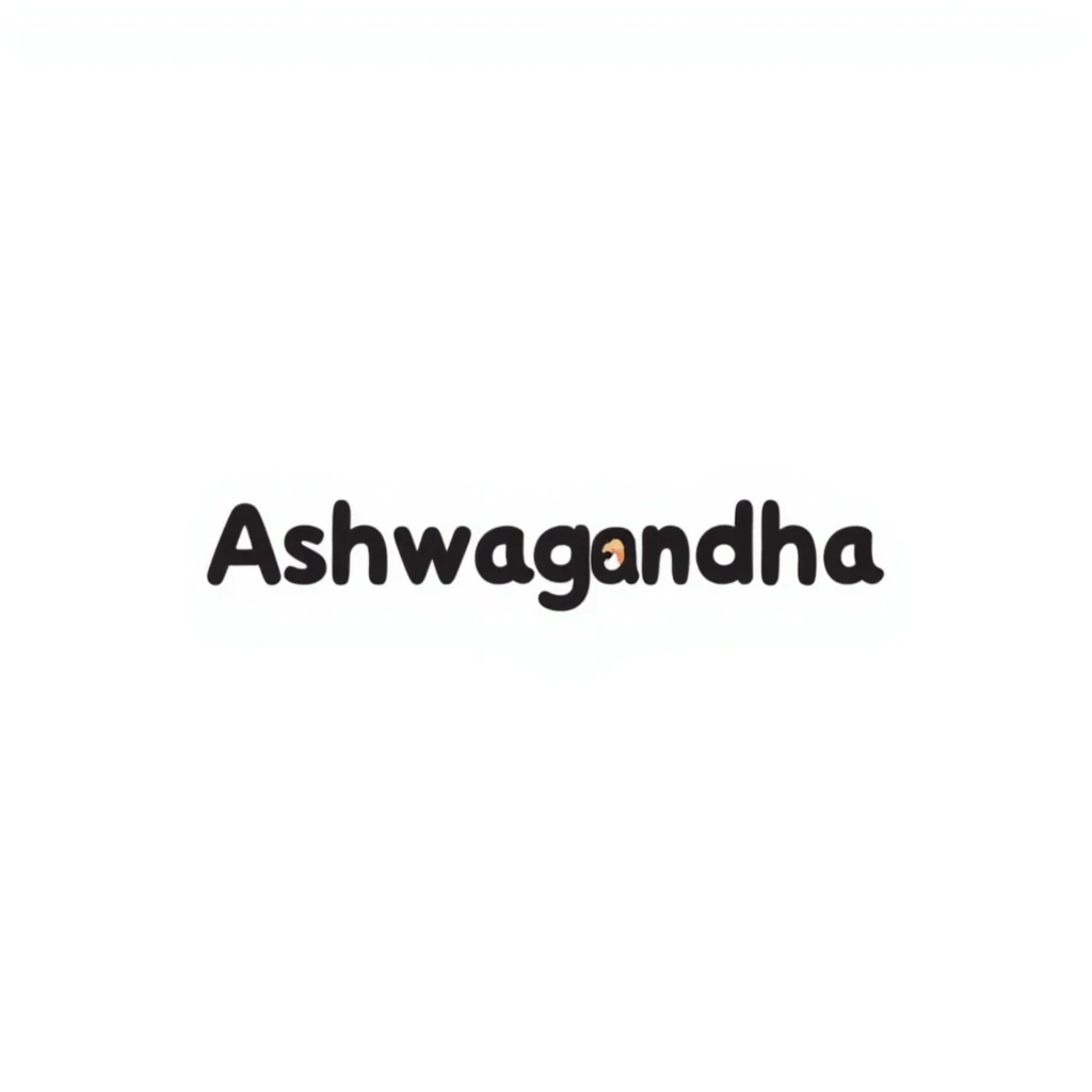 The word "Ashwagandha" hand-drawn in a simple style with minimal colors. The text should be clean and readable with just a few essential color accents. emoji