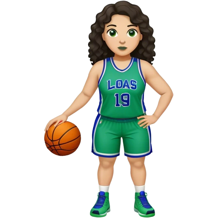 full body plus size light skin latino women basketball player with wavy dark hair large wide nose wearing blue with green uniform emoji
