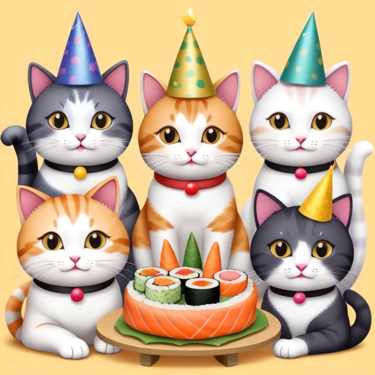 Nine cats eating sushi at a birthday party emoji